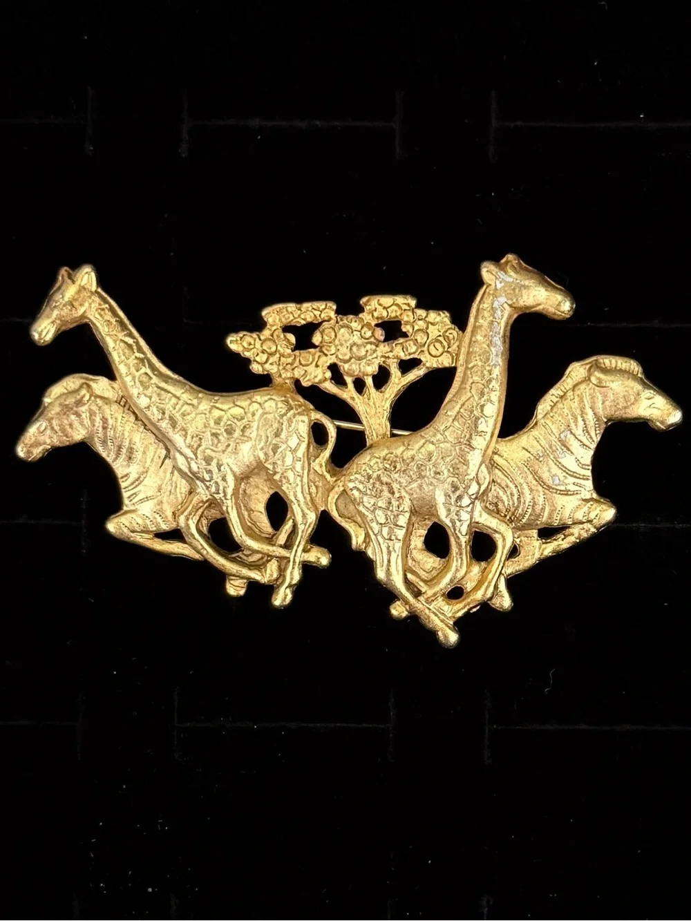 Vintage AJC Gold Tone Safari Giraffe Zebra African Wildlife Brooch Pin